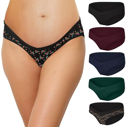 INNERSY mammakalsonger bomull graviditetstrosor underbyxor magen postpartum trosor 5-pack, 1 rostryck/4 klassiska mörka, XXL