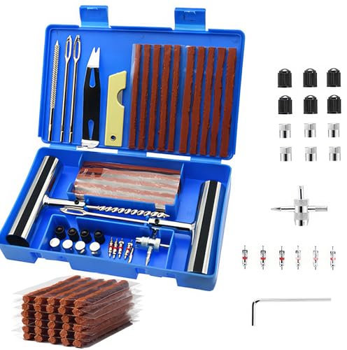 58 Pcs Car Tyre Repair Kit with Storage Box, Tubeless Tyre Puncture Fix Set, Heavy Duty Tire Plug Kits, Emergency Repair Tools for Auto, Motorcycles, Bikes,Truck, Van,Jeep, ATV,Tractor, Off-Road(Blue)
