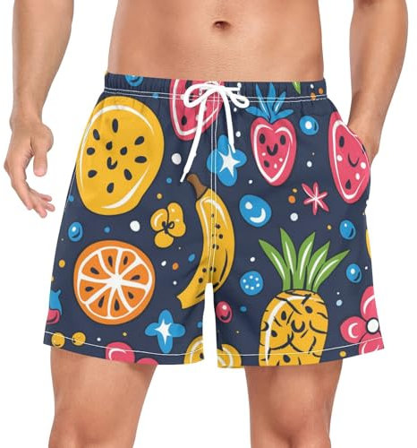 Herren-Badehose, schnell trocknend, Bananen-Erdbeer-Strandshorts mit Kompressionsfutter, mehrfarbig, S