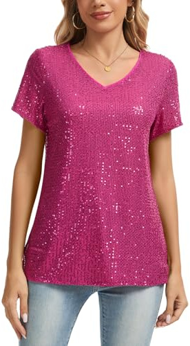 MINTLIMIT Damen Pailletten Metallic Tops Oberteil Kurzarm V-Ausschnitt T-Shirt Bluse Fully Lined Freizeit Party Festival Club