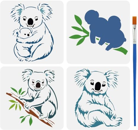 FINGERINSPIRE 4 Stück Koala Malschablone Mit Pinsel 15x15cm Apfel Koala Auf Baummuster Zeichenvorlage Süße Tier DIY Dekorationsschablone Zum Malen Auf Holz Wänden Stoffen Und Möbeln