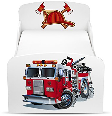 Leomark Kinderbett 160x80 Weiß – Funktionsbett Komplett mit Matratze und Lattenrost – Holz Jugendbett Einzelbett Hausbett für Kinder Kleinkinder UV-Druck (Feuerwehr)