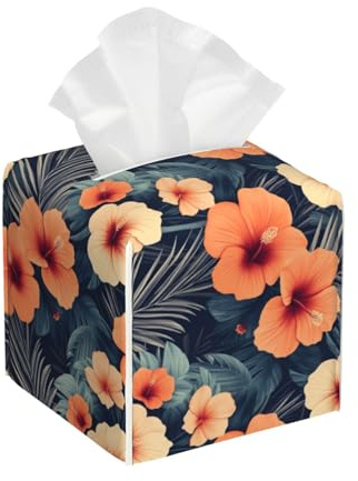 Housse de boîte à mouchoirs carrée en cuir avec imprimé fleurs tropicales oranges, accessoires de décoration d'intérieur pour salle de bain, table de chevet, bureau, voiture, table