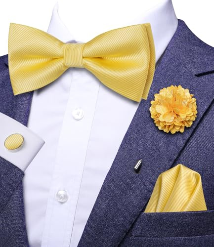 Hi-Tie Vorgebundene Fliege aus Seide für Herren, zum Anklipsen, verstellbare Fliege, Blumenmuster, Anstecknadel, Einstecktuch, Manschettenknöpfe-Set