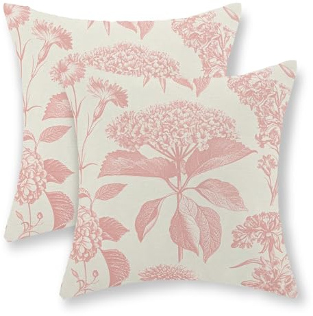 GOLIANDA Pink Pillow Covers 18x18 Set of 2 Boho Floral Throw Pillow Cover Hydrangea Herbs Botanical Decoration Pillowcase Farmhouse Vintage Flower Linen Cushion Case Outdoor Decorative for Couch Sofa