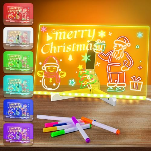 LED Drawing Board with 7 Colour Light Modes, 30×20cm Light Up Acrylic Writing & Message Board, USB Powered Note Board with 7 Coloured Pens, Doodle Memo Board for Kids, Café, Home, Gift