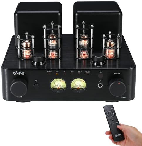 Juson Audio JTA50 2025 - Amplificatore tubolare 130 W, amplificatore HiFi entry-level con BT 5.0, telecomando, AUX, coassiale, telefono e ingresso USB, uscita subwoofer, canale 2.1 per giradischi
