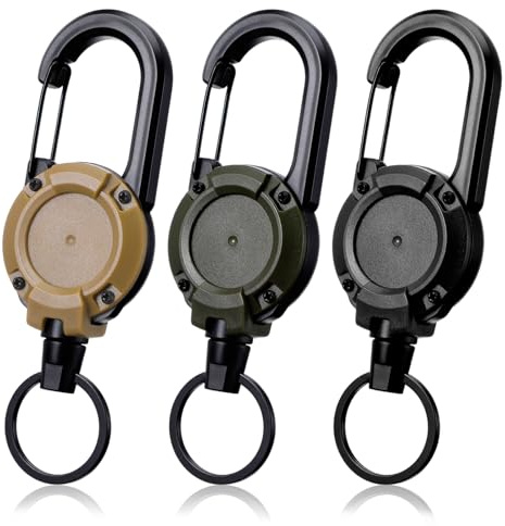 LXUEJIE 3 Pack Heavy Duty Retractable Keychain, Multitool Carabiner Badge Holder with 25.59 Retractable ID Badge Clip Reel for Men and Women (Black,Green,Khaki)