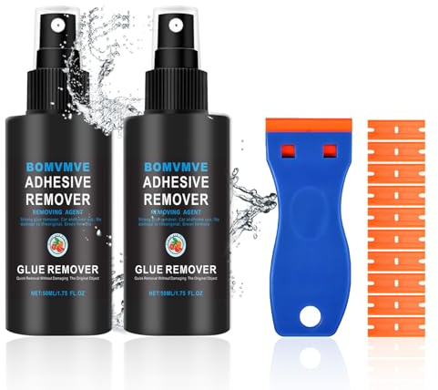 BOMVMVE Aufkleber Entferner, Etikettenentferner, Sekundenkleber Entferner mit Schaber und Ersatzklingen, Klebereiniger Entfernen, für Auto, Fenster, Wände（50ml*2）
