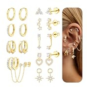 FIOROYAL 8 par örhängen guld set för damer, medicinska örhängen, kirurgisk stål, allergivänliga örhängen, kreoler med hängsmycke, kedja, små flatback örhängen, conch, helix, tragus, piercingörhängen