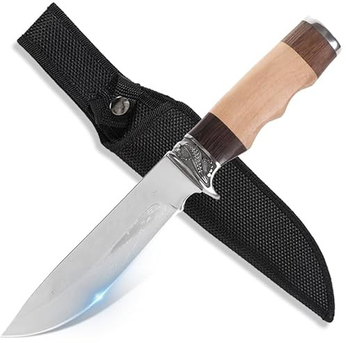 Coltello Full Tang 27cm Lama Bianca Dritta con Incisione Decorativa – Impugnatura Multistrato Legno Esotico e Chiaro, Guardia Decorata in Acciaio Inox, Fodero Nylon Robusto per Attività Outdoor