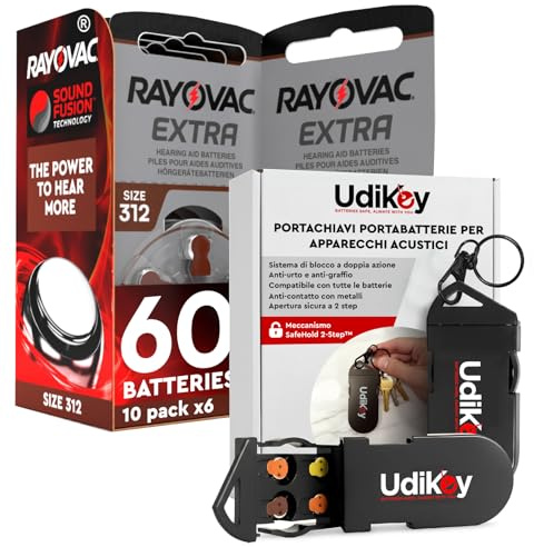 60 Batterie per Apparecchi Acustici Rayovac Misura Extra 312 Sound Fusion Technology + Portabatterie per Batterie Apparecchi Acustici Tipo 10 13 312 con 6 Alloggi PR41 PR48 PR70 UdiKey