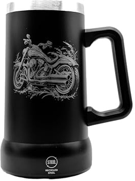 Bierkrug mit Motorrad-Gravur, Schwarz, Edelstahl, mit eigenem Text personalisieren, Geschenk, doppelwandig Isoliert, Biker-Design, 700 ml