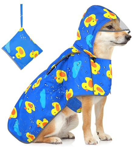 Weesiber Hunderegenmantel, Einstellbare Regenmantel Hund, Wasserdichter Regenjacke Hund mit Entenmuster, Kapuze, Halsausschnitt und reflektierenden Streifen (M)