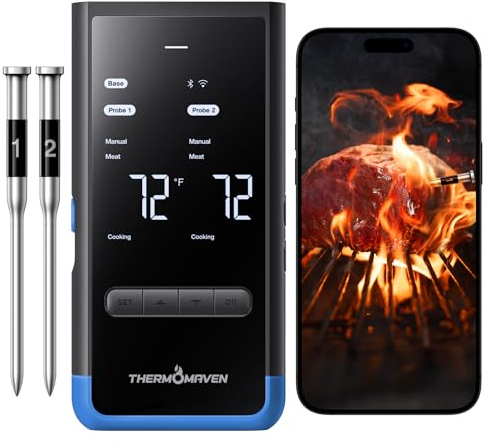 ThermoMaven Smartes Fleischthermometer Kabellose mit Basisstation, Bluetooth & WLAN, 2 Fühler, 6 Sensoren, NIST-zertifiziert, große, stabile WLAN-Reichweite, für Smoker, Backofen & BBQ, Elektroblau