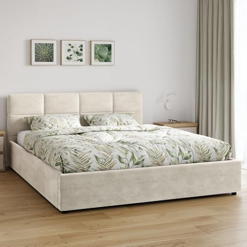 Jana Mika Polsterbett mit Bettkasten und Lattenrost, Doppelbett mit gepolstertem Kopfteil und Stauraum (Beige Samt HLR1, 140 x 200 cm)