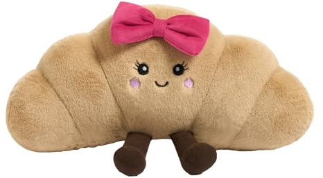 OHS Bow Croissant Plush Decorative Pillows, Throw Pillow Stuffed Toy Novelty Cushions for Sofa Bed Cuddle Cushion Cute Room Decor Plush Pillow for Kids Adults, Natural/Hot Pink - 35 x 18cm