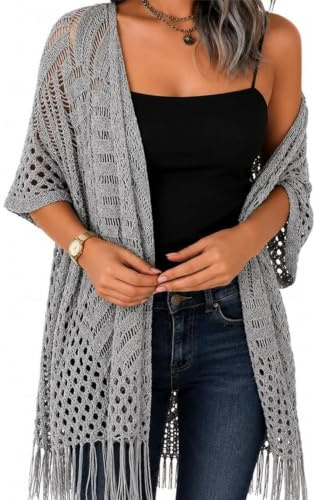 Stickad Virkad Kofta För Kvinnor Öppen Front Ytterkläder Sommar Cover-up(Grey)