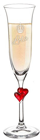 AMAVEL Flûte da Champagne con Incisione Personalizzabile con Nome, Corona da Regina, Calice da Prosecco in Vetro Chiaro con Cuori Rossi sullo Stelo, Idea Regalo Compleanno