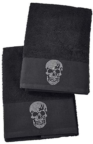 DONE Gästehandtuch Doppelpack Black-Line Stone - 5 Motive mit Strass-Steinen in schwarz oder Silber - Exklusives Frottee Set 100% Baumwolle, Farbe:Black 4203, Größe:Skull_B05