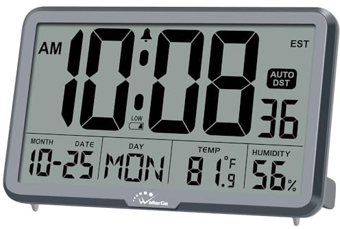 WallarGe Auto Set Digital Wall Clock Battery Operated, Desk Clocks with Temperature, Humidity and Date, Large Display Digital Calendar Alarm Clock for Elderly, Bedroom, Office, 8 Time Zone, Auto DST.