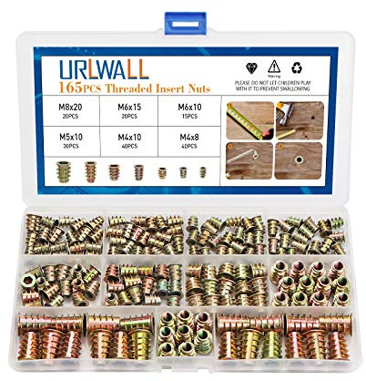 URLWALL 165PCS Threaded Inserts Nuts, Wood Insert Assortment Tool Kit, M4/M5/M6/M8 Furniture Screw in Nut Inserts Metric Bolt Fastener Hex Socket Drive for Wood Furniture Assortment