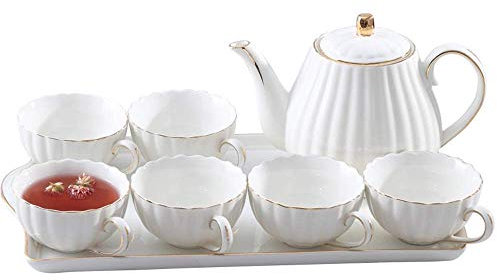 6 Pieces Simple White English Ceramic Tea Sets,Tea Pot,Bone China Cups with Wooden Holder Matching Spoons,Afternoon Tea Set Service Coffee Set