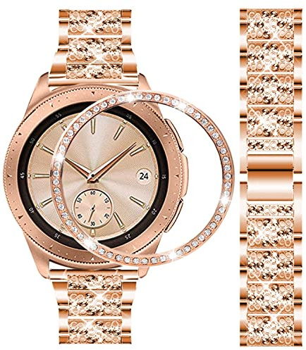 DEALELE Rem kompatibel med Samsung Gear Sport/Galaxy Watch 42 mm/Galaxy 4 Classic (42 mm), 20 mm lyxigt strass diamant metallarmband med infattning ringskydd, ersättning för kvinnor män, Roséguld