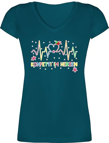 T-Shirt Damen V Ausschnitt - & Fasching - Konfetti im Herzen Herzschlag I Köln Karneval - L - Türkis - Shirt faschingsshirt Faschings Regenbogenfarben Shirts Tshirt karnevalsshirts Karnevals
