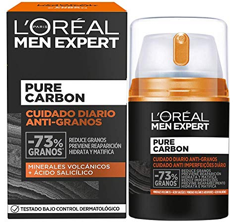 L'Oréal Paris Men Expert Crema Cuidado Diario Anti-Granos Pure Carbon, Reduce Imperfecciones, Hidrata y Matifica el Rostro, Con Minerales Volcánicos y Ácido Salicílico, 50 ml