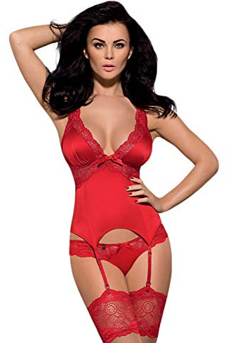 Obsessive förförisk underklädesset av delikat korsett med hängslen och string, i en fantastisk presentförpackning, röd, S-M