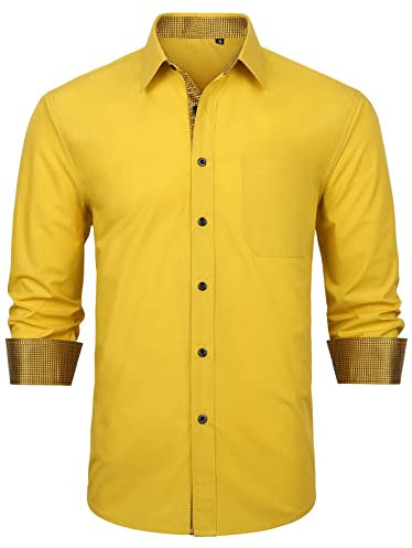 Enlision Shirts for Men Adult Yellow Formal Dress Shirts Long Sleeve Wedding Non Iron Button Up Spread Collar with Pocket for Suit Evening Dinner L