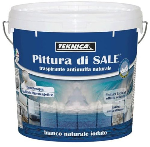 Pittura di sale, vernice traspirante, acrilica, antimuffa, bianco naturale con cristalli di salgemma a salinità controllata pronta all'uso 5 LT