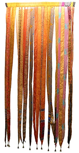 Mango Gifts Bohemian Door Curtain Made from Recycled Silk Sari Ribbon Orange Rod Pocket Panel for Doorway, Window, or Wall Handmade Indian Tapestry Valance for Boho Home Décor