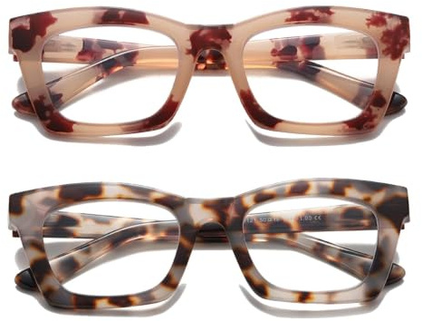 Hubeye Gafas de lectura para Mujeres de Moda Anteojos de lectura con Bisagra de resorte ultraligeras anti luz azul (Rayas Rosas+Rayas Grises Claras, 1.00)