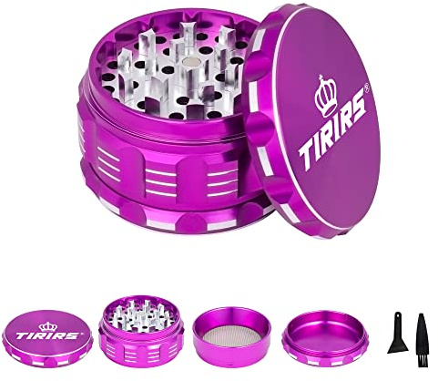 TIRIRS 7,5 cm, 4 Stück, Premium Kräutermühle – Aluminium Gewürzmühle mit Pollenschaber und Reinigungsbürste – Lila