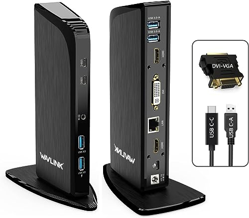 WAVLINK Station d'accueil 3 Monitors, USB C/USB 3.0 Universal Docking Station Displaylink, avec 4K HDMI, 2K HDMI, DVI, 100W PD, Gigabit Ethernet, USB 3.0, USB C Audio/Mic pour Mac Windows.