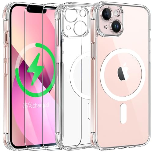 Qasyfanc Cover magnetica compatibile con iPhone 13 e protezione fotocamera, cover iPhone 13 sottile e 2 pezzi in vetro temperato [protezione militare] antiurto posteriore anti graffio, trasparente