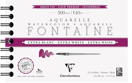 Clairefontaine 976049C Album Spiralé Fontaine Extra Blanc - 12 Feuilles Papier Aquarelle Extra Blanc 100% Coton Grain Fin - Qualité Professionnelle 12x18cm 300g