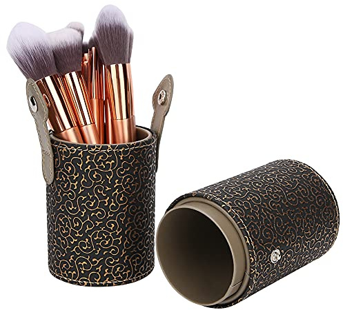 Make-up Pinselhalter aus PU-Leder | Teilbar Kosmetik Organizer für Reise,Schminktisch | Aufbewahrung für Bürsten, Stifte & Kleinteile (Bronze)