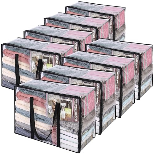 Vieshful 8 Stück 40L Aufbewahrungstasche Faltbare Unterbett Aufbewahrungsbox Kleiderschrank Organizer für Kleidung, Bettdecken Plastik Umzugskartons Schwarz