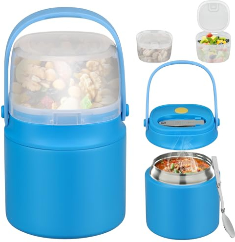 Itslife Thermobehälter für Essen 450ml mit 2pcs Snackbox, Auslaufsicherer Lunchbox Kinder mit Löffel, Edelstahl Müslibecher to go, Vakuum Thermobecher Essen für die Schule, Büro, Camping, Blau