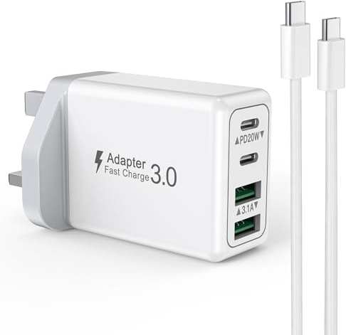 USB C Plug UK, Suiwel 4-Port Fast Charger Plug with 2M USB C Cable, iPhone Charger Fast Charge for iPhone 16 15 Pro Max Plus, Samsung, Multiport Charging Plug USBC Power Adapter