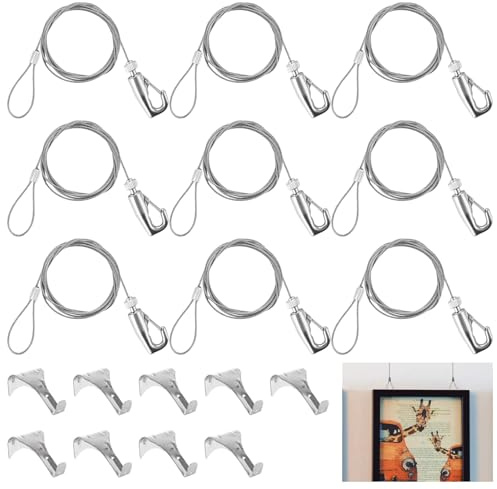 Oungy 9 PCS Picture Hanging Kit, 1.5mm x 2m Picture Hanging Wire Stainless Steel, Picture Wire Hanging Kit, Heavy Duty Picture Rail Hooks and Wire, Adjustable Picture Hanging Wire Kit Haning Rope