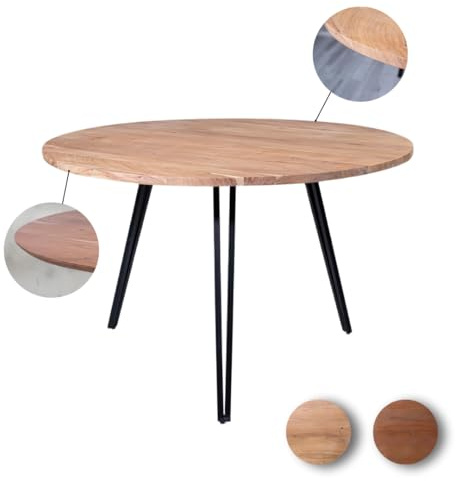 Loreno Esstisch 110cm - 130cm Akazienholz Dreibein Gestell schwarz 26mm