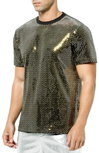 Casey Kevin Camiseta de Lentejuelas para Hombre, Camiseta de Fiesta para Hombres, Camiseta Brillante para Hombre, Camiseta de Club Nocturno para Hombres, Oro,XL