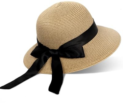 Zylioo 2XL/XL/L/M/S dam stråhatt, brett brätte solskydd strandhattar, UPF 50+ Diskett sommarhatt för små huvuden, Bred brätte-rosett-beige, L