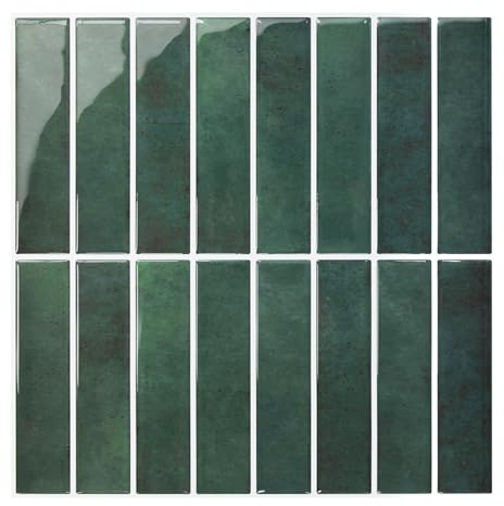 Commomy Forest Green Peel and Stick on Wall Tiles - 10 Pcs of 12'' x 12'' Vertical 3D Stick on Tiles for Kitchen and Bathroom Interior Self Adhesive Tile Stickers (Glossy Surface, Covers 10 sq.ft)