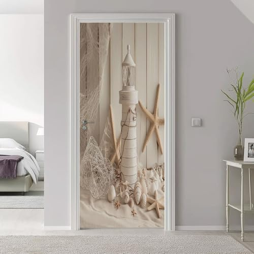 3D-Türtapete Türbild Selbstklebend 95 x 215 cm, Fotografie Leuchtturm Seestern PVC Wasserdicht Abnehmbar für Küche Bad Büro Wohnzimmer Zimmerwanddekoration Türposter Selbstklebend Türfolie Weiß