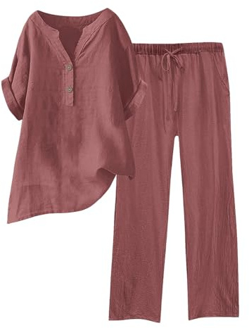 Conjunto de 2 Piezas de Lino para Mujer, Camisa y Pantalones con Botones, Casual, Holgado, para Playa, Vacaciones, Verano, Oro Rosa, XL